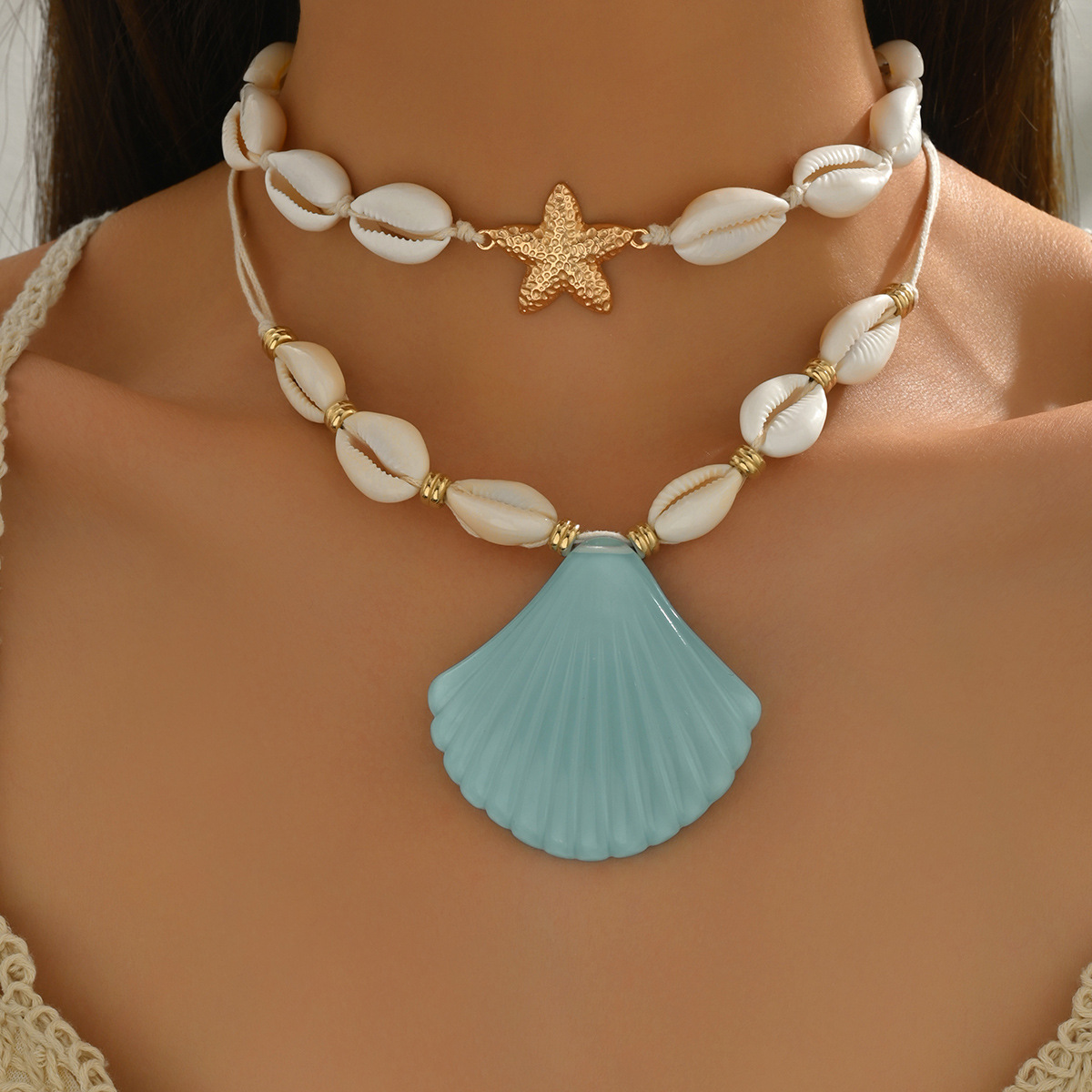 Ocean Style Green Shell Pendant Necklace Summer Beach Jewelry for Women