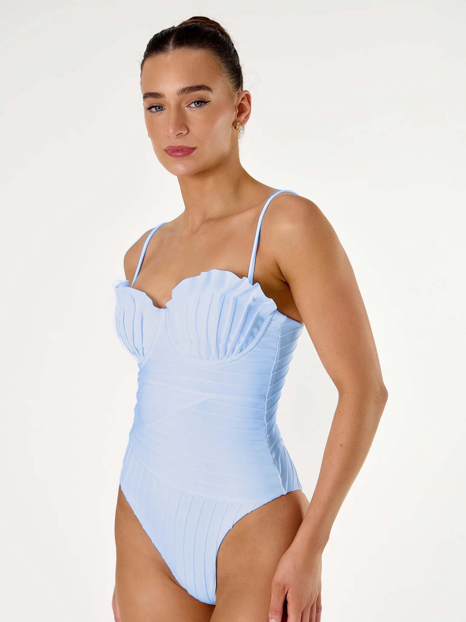 Solid Color Pleated Swimsuit Removable Shoulder Straps