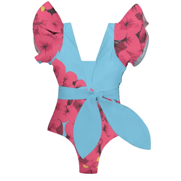 Deep V-Neck Ruffled One-Piece Swimsuit with Matching Floral Sarong Skirt