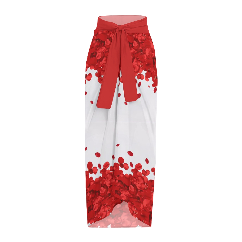 Petal Print Ruffled Shoulder One-Piece Swimsuit with Matching Sarong Skirt