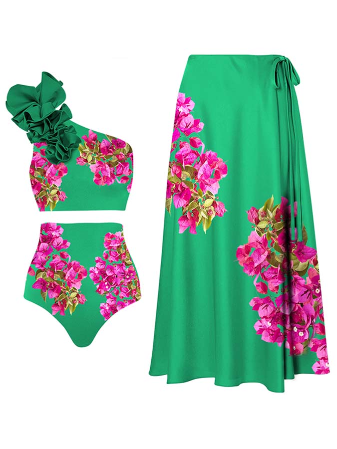 Pink Bougainvillea Flower Printed Bikini Swimsuit and Skirt