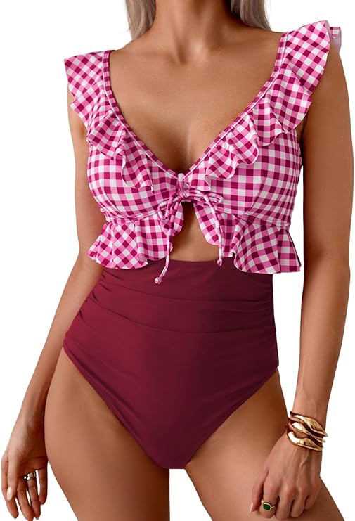 Women Tummy Plaid Control Ruffle Swim Suit