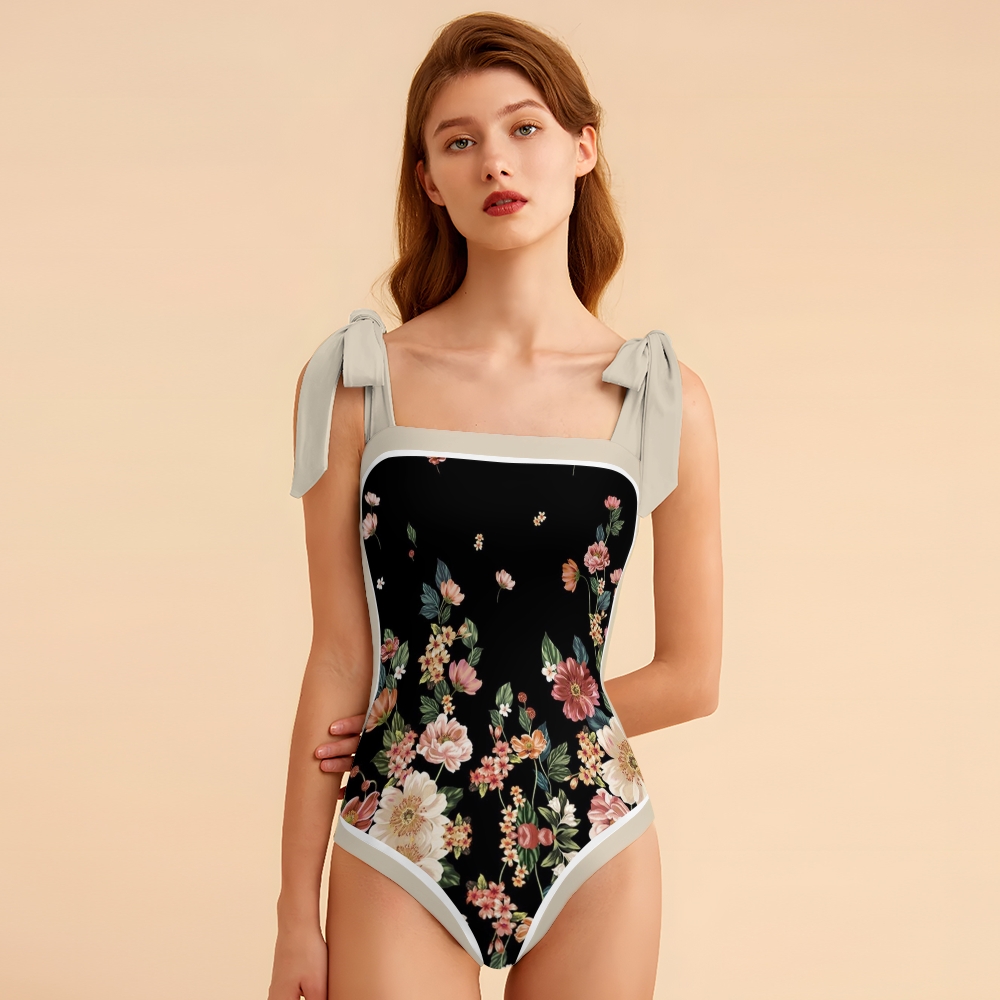 Women's Floral Bow Straps One-Piece Swimsuit and Matching Sarong Skirt