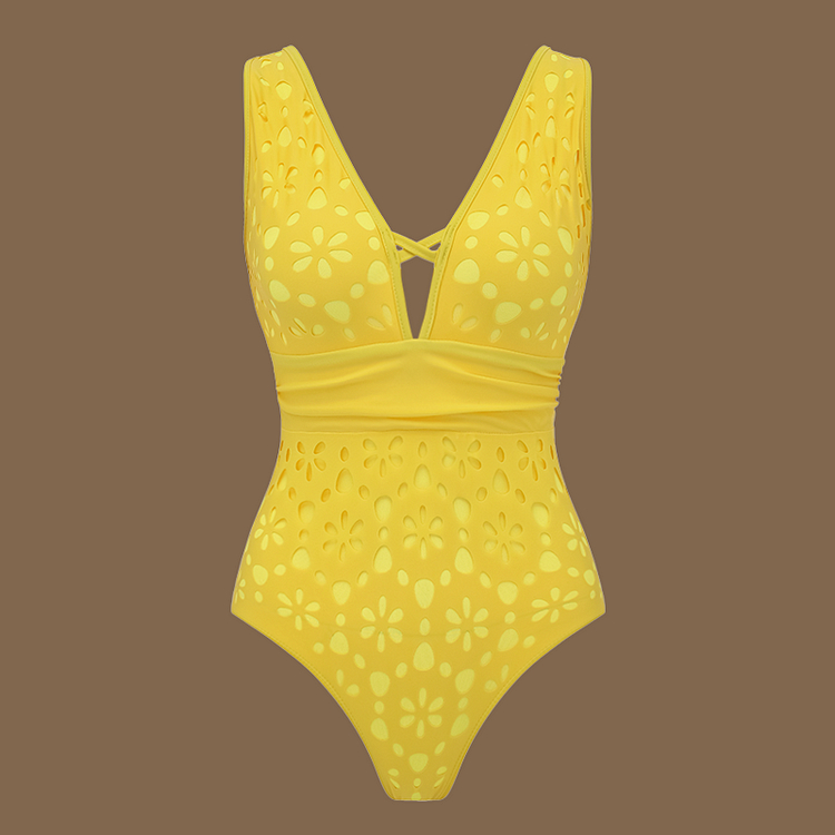 Women's V Neck Bestselling Sexy Solid Color Cut-Out One-Piece Swimsuit Set - Yellow