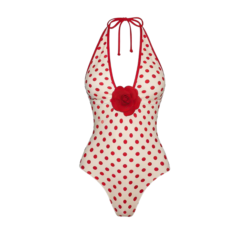 Red polka dot 3D flower Swimsuit Set