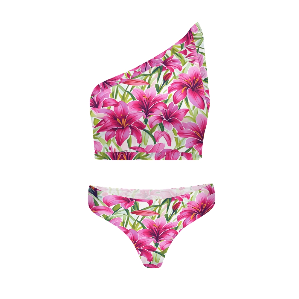 One-Shoulder Drawstring Dark Magenta Lily Print Swimsuit Set(s)