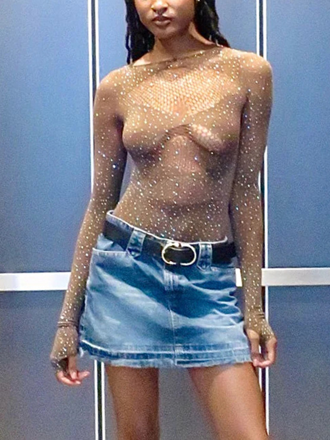 Sexy High-Elastic Knitted See-Through Long-Sleeved Hollow Jumpsuit