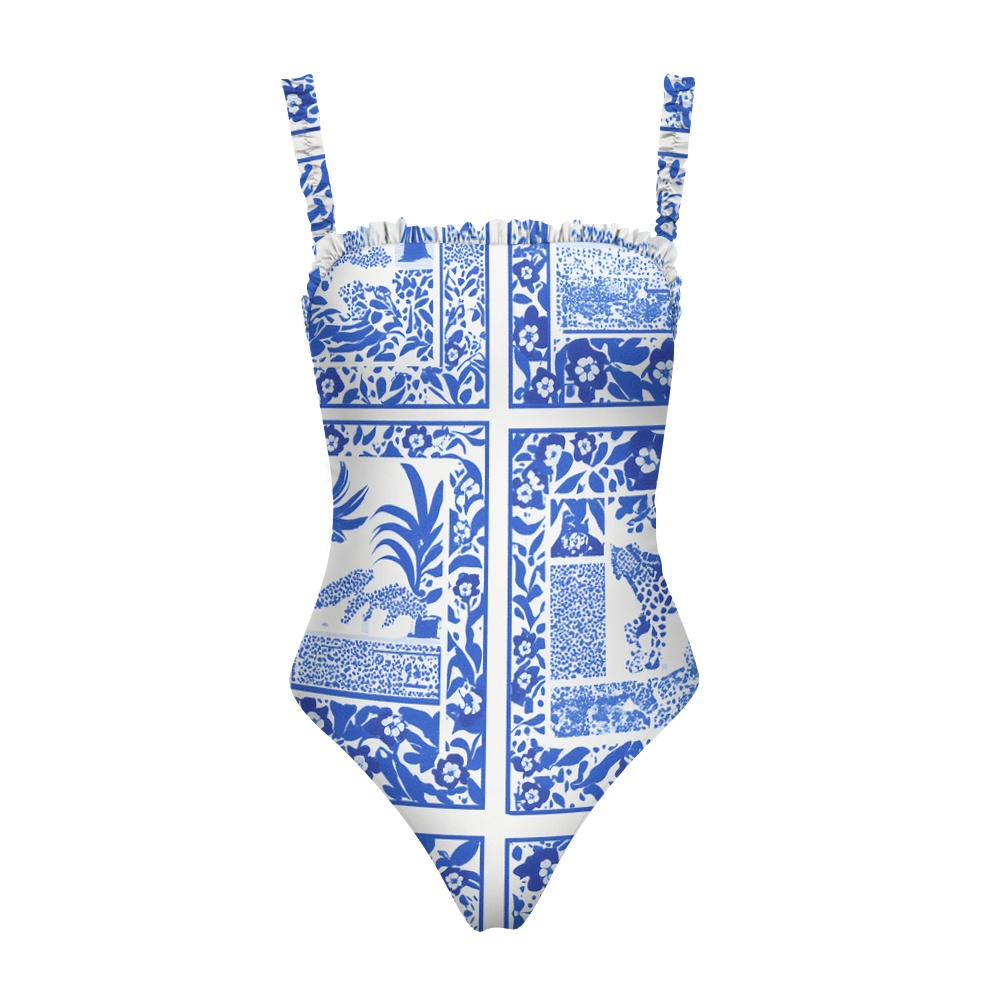Geometric Floral Print Straight Neckline One-Piece Swimsuit with Tie-Front Cover-Up