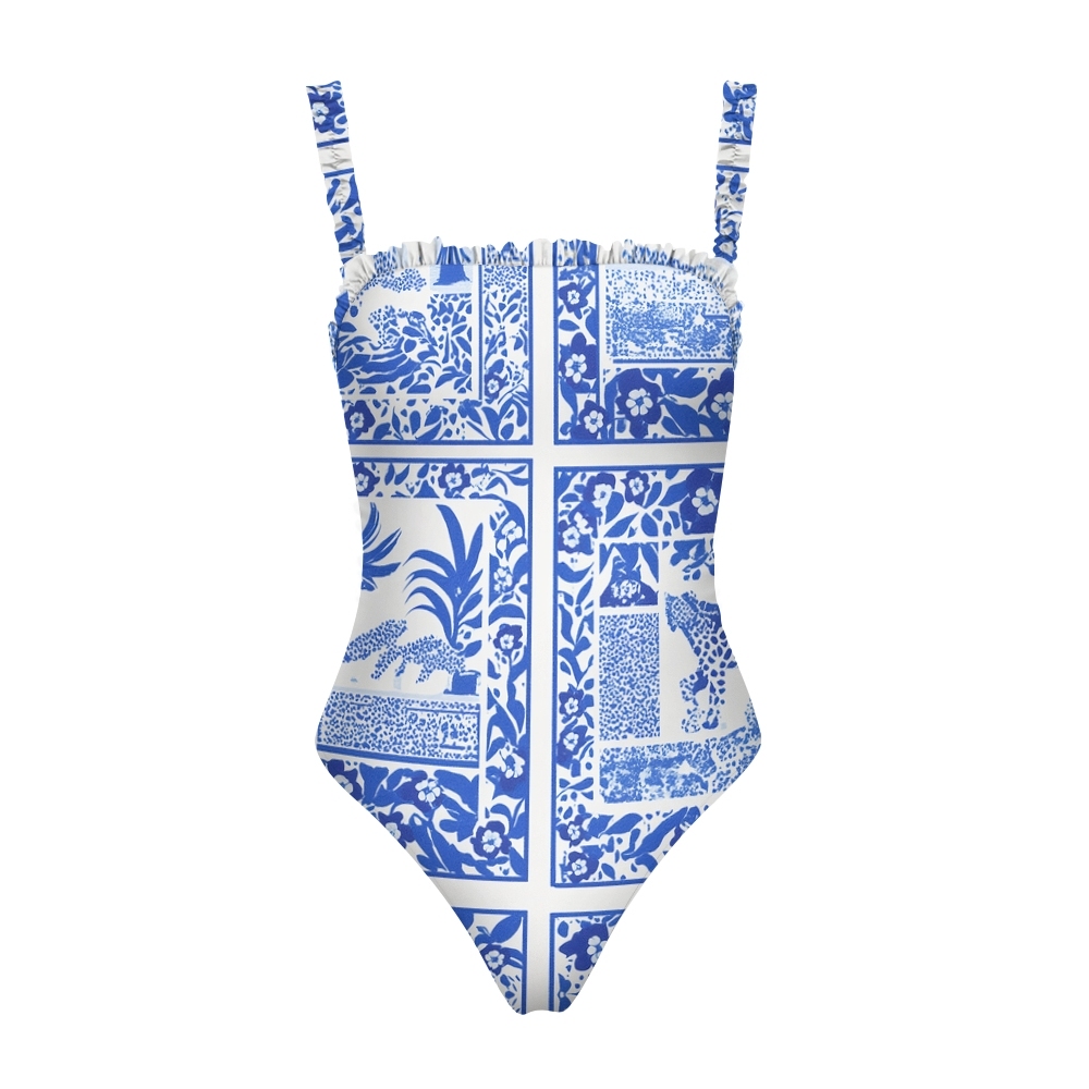 Geometric Floral Print Straight Neckline One-Piece Swimsuit with Tie-Front Cover-Up
