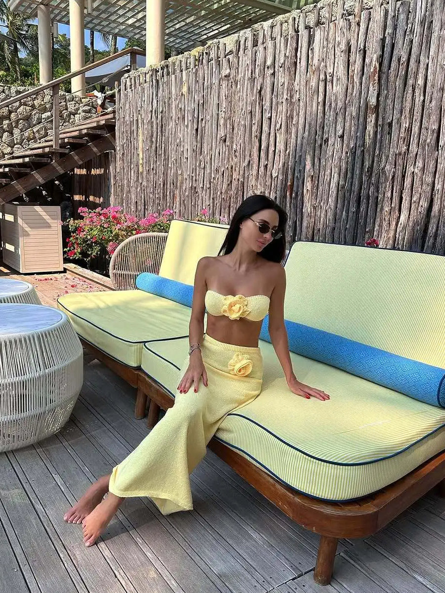 Knit Floral Patchwork Tube Top Boho Dress