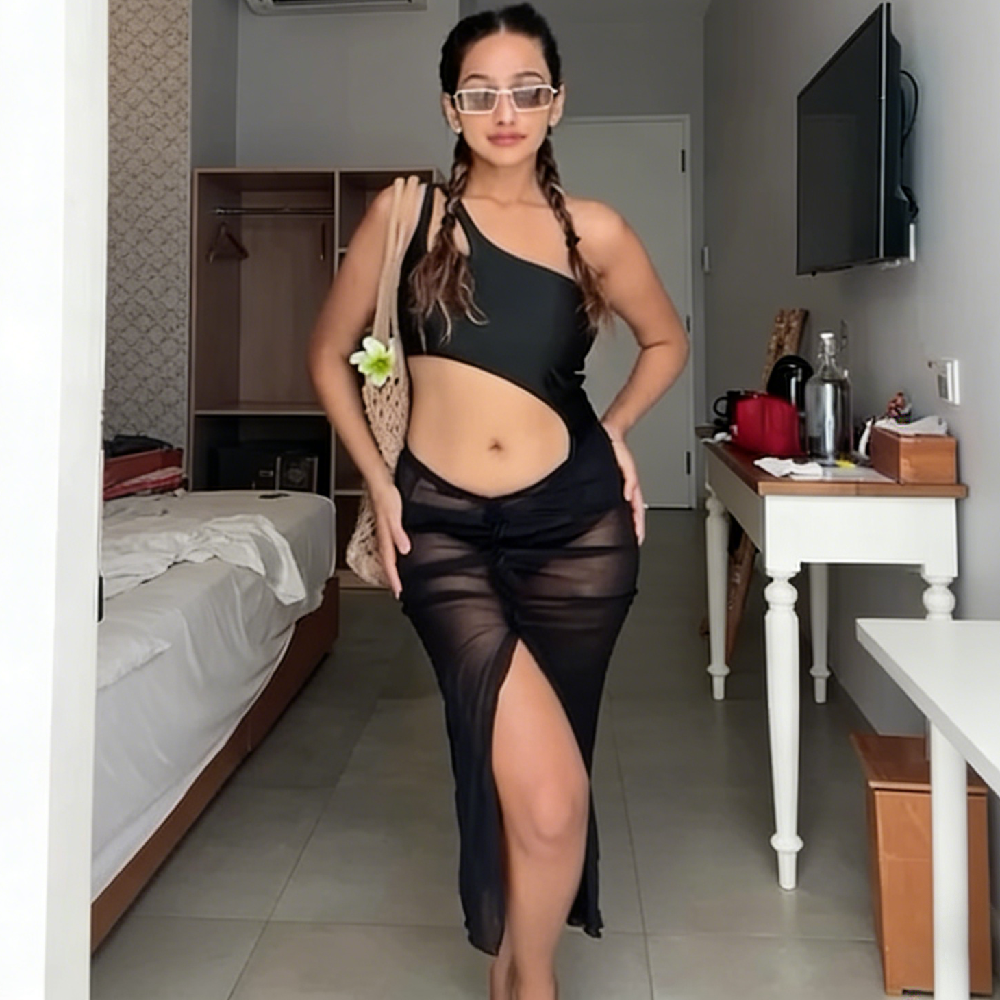 Black One-Shoulder Cut-Out Swimsuit with Sheer Mesh Skirt Set