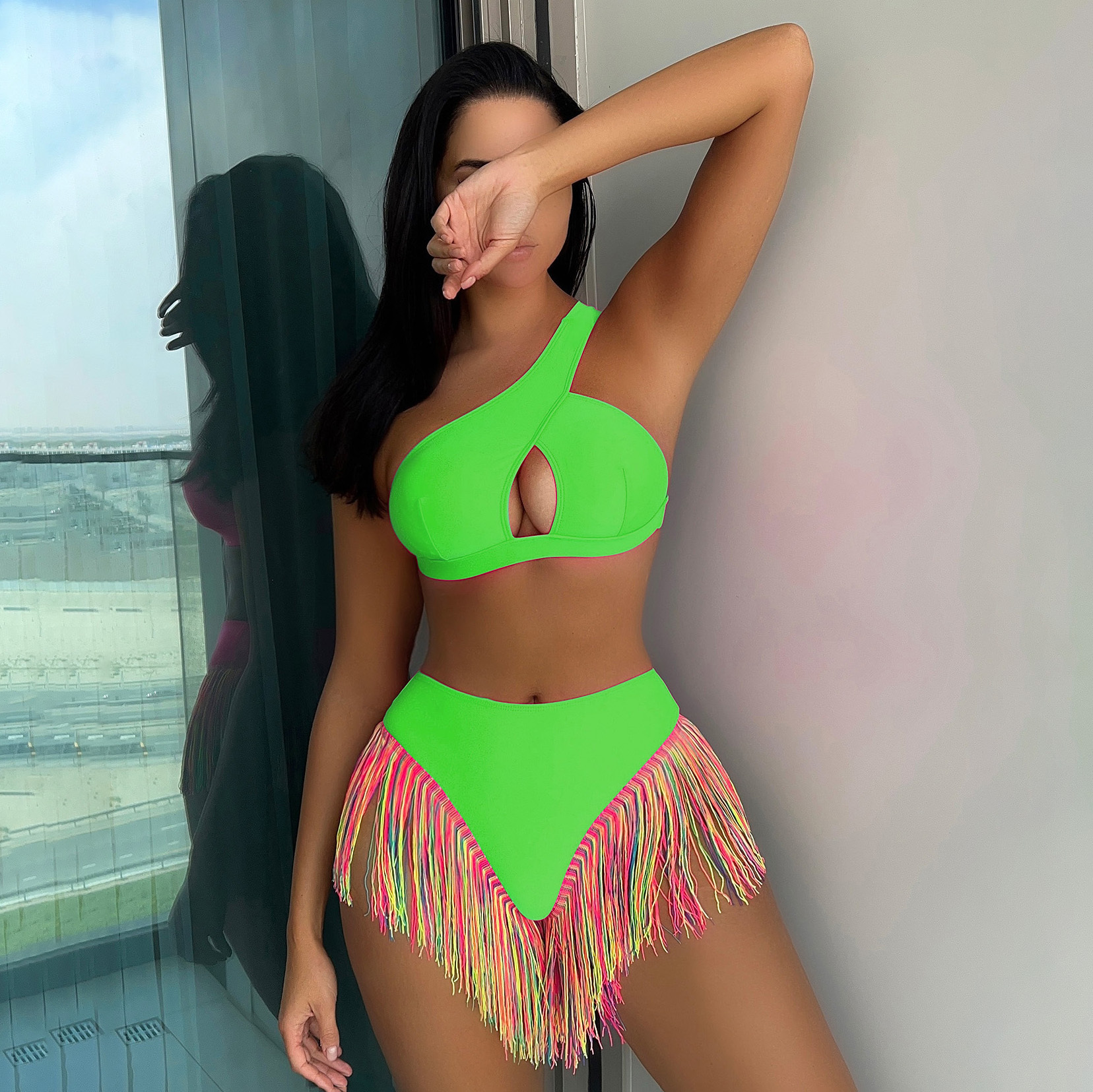 Sexy Solid Color One-Shoulder Two-Piece Swimsuit Set with Fringe Detail