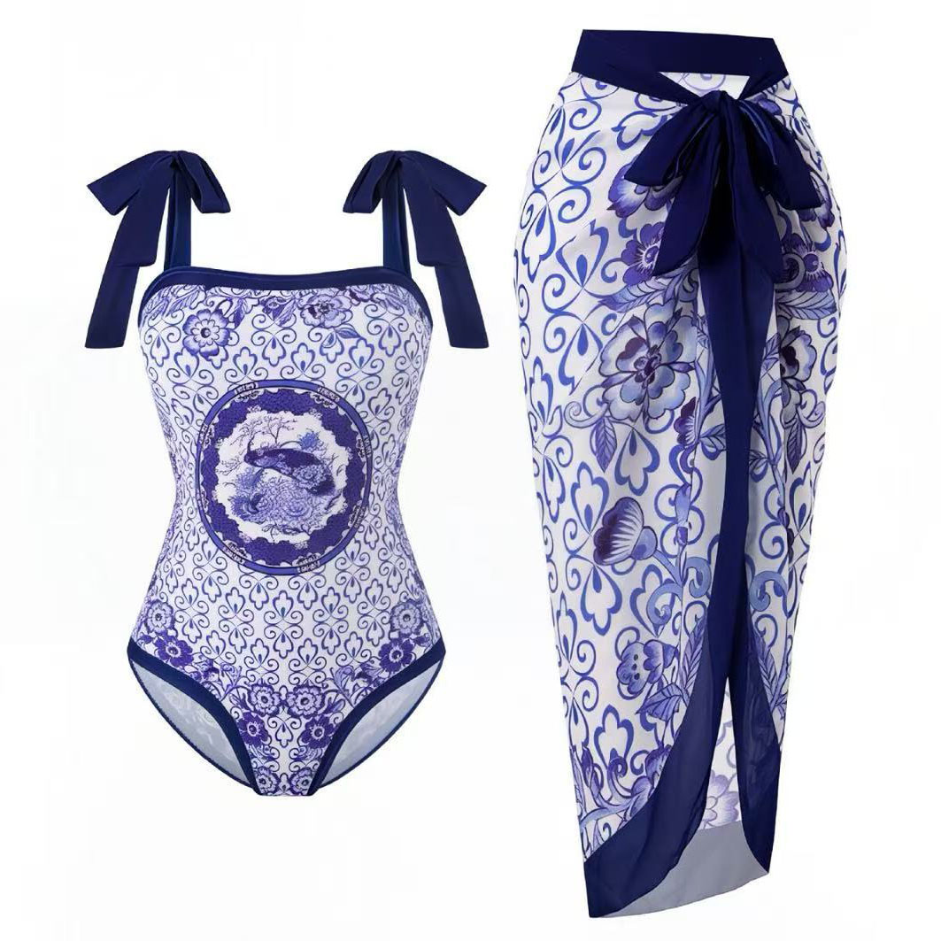 Women's Blue and White Porcelain Print One-Piece Swimsuit and Matching Maxi Skirt