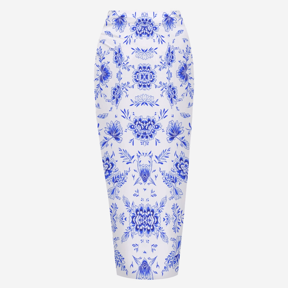 Blue Floral Print Halter Bikini Set with Matching Sarong Skirt