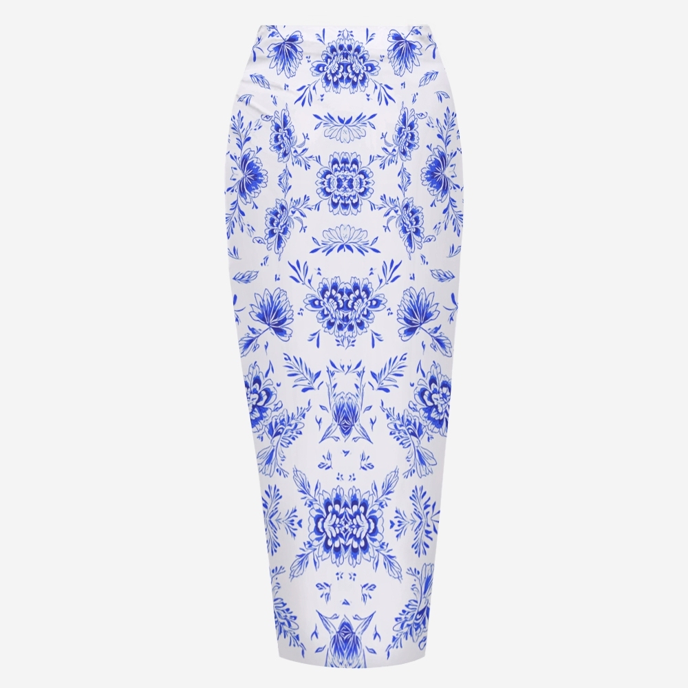 Blue Floral Print Straight Neckline One-Piece Swimsuit and Sarong Skirt