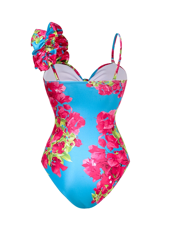 Ruffle Bougainvillea Flower Printed Swimsuit and Skirt