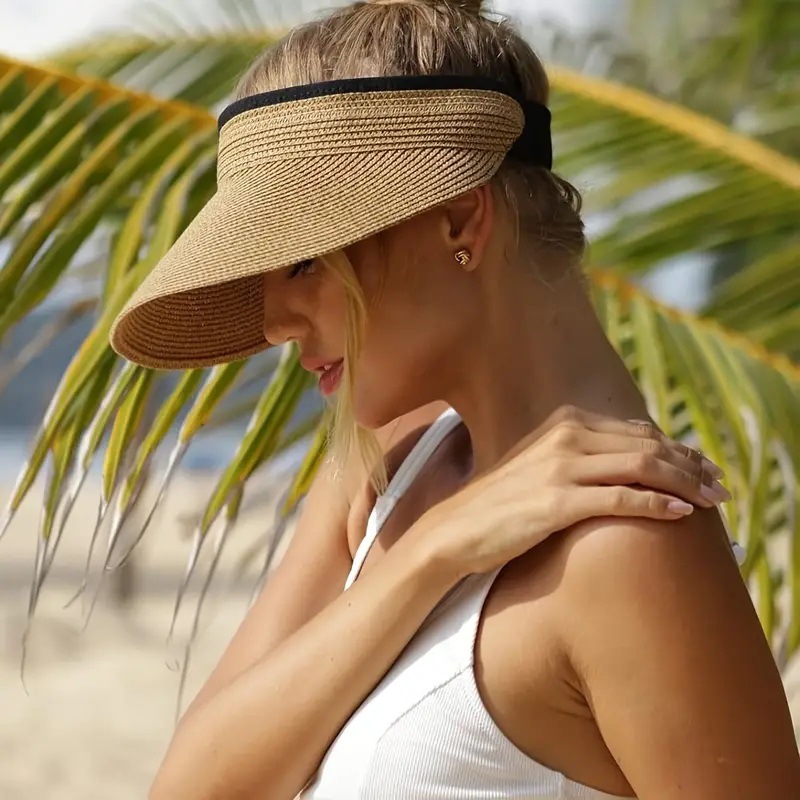 Straw Sun Visor With Wide Brim Open Top and Adjustable Strap Suitable for Summer Styling
