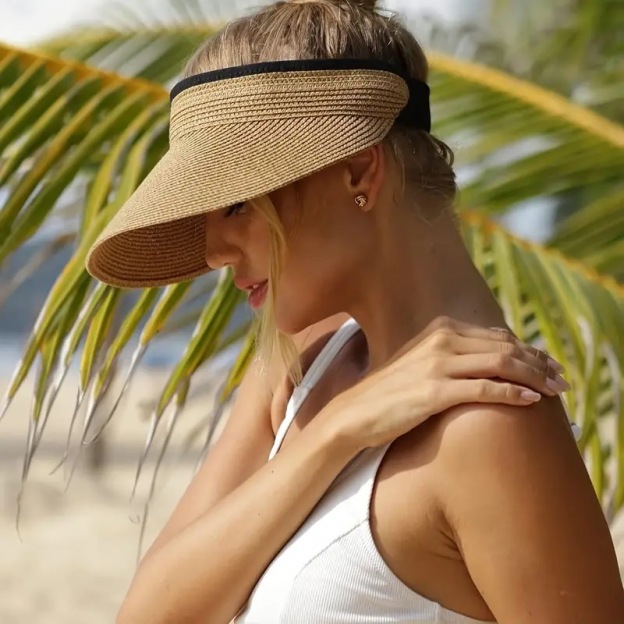Straw Sun Visor With Wide Brim Open Top and Adjustable Strap Suitable for Summer Styling