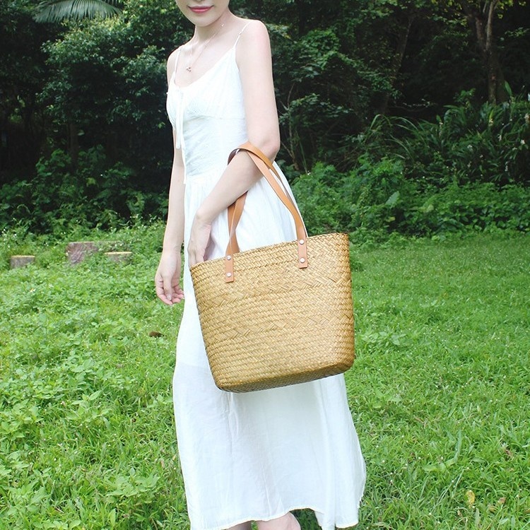 Casual Handwoven Straw Tote Bag for Beach Vacations