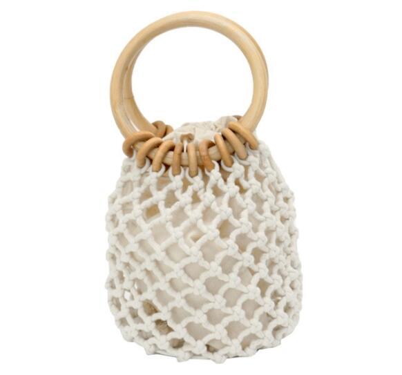 Mini Wooden Ring Cotton Rope Openwork Mesh Handbag Handwoven Straw Beach Tote