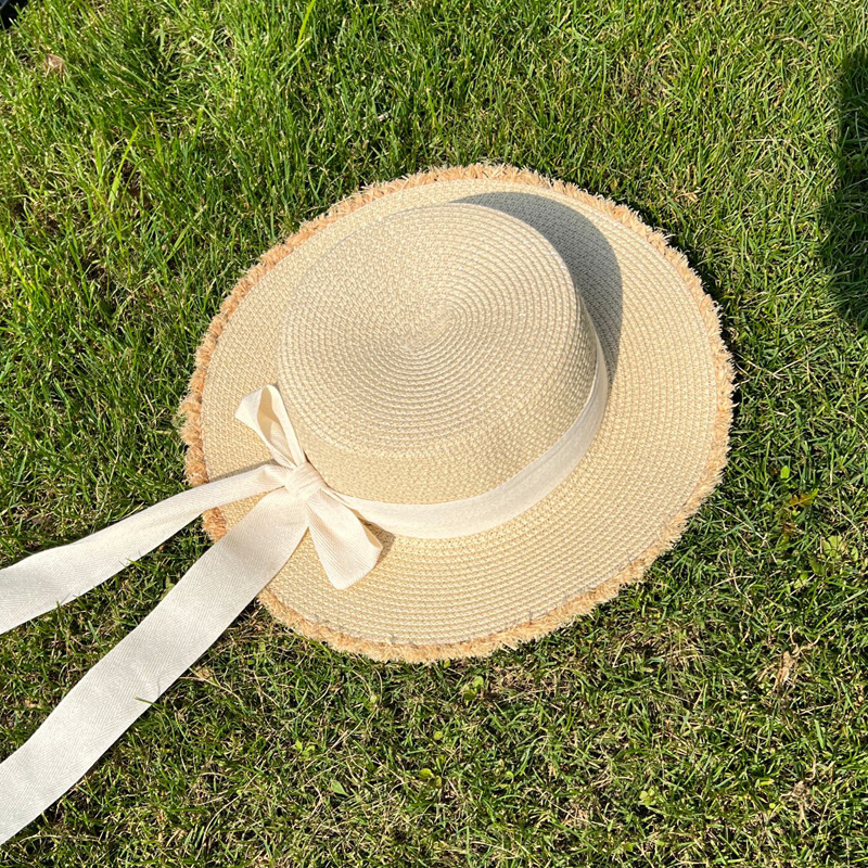 Straw Sun Hat With Wide Frayed Brim Round Crown and Bow Detail Perfect