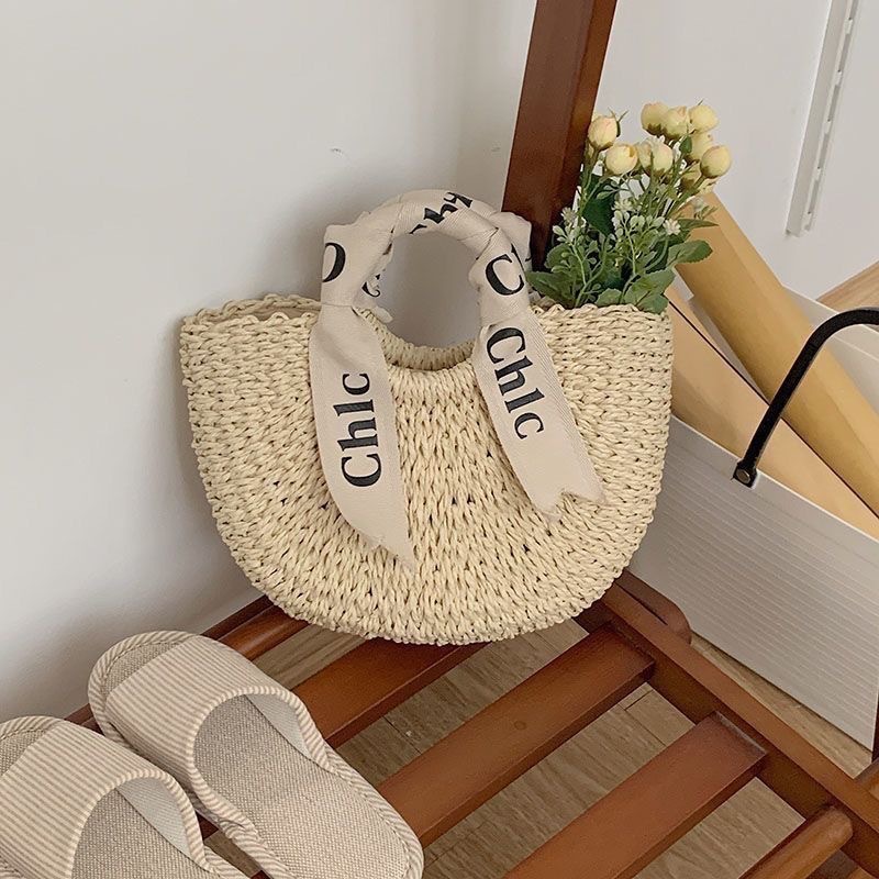 French-Style Woven Round Bean Tote Bag for Beach Vacations