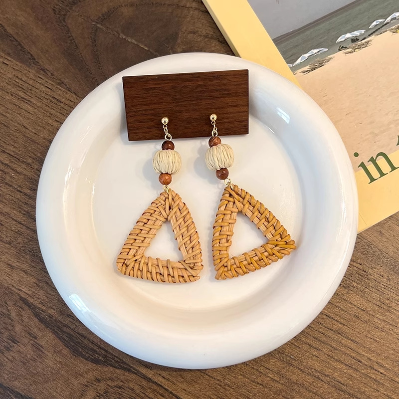 Handmade Woven Rattan Earrings in Hoop and Triangle Shapes Available in Clip-On and Stud Styles for Summer Outfits