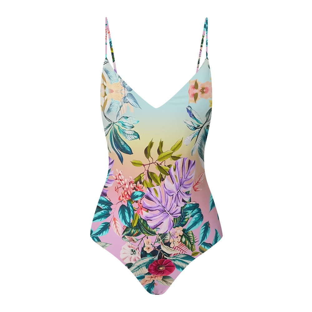 Tropical Gradient Floral One-Piece Swimsuit with Matching Sarong Skirt