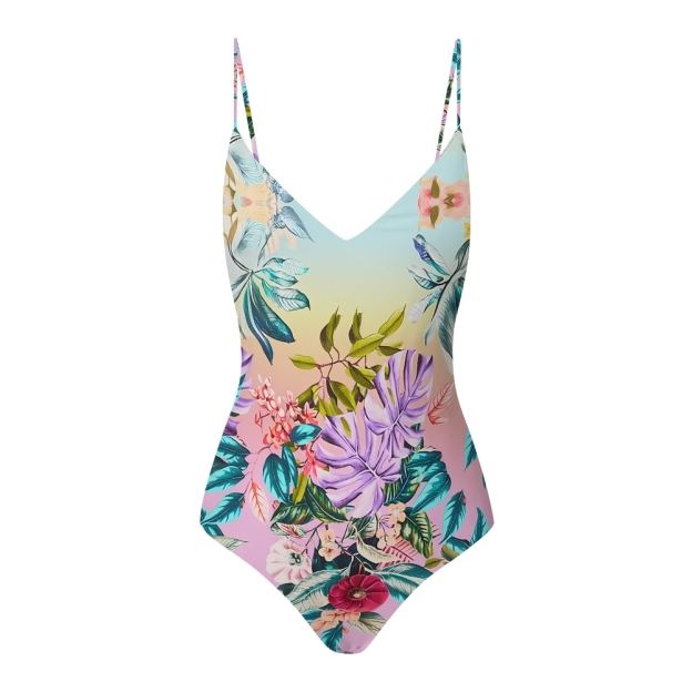 Tropical Gradient Floral One-Piece Swimsuit with Matching Sarong Skirt