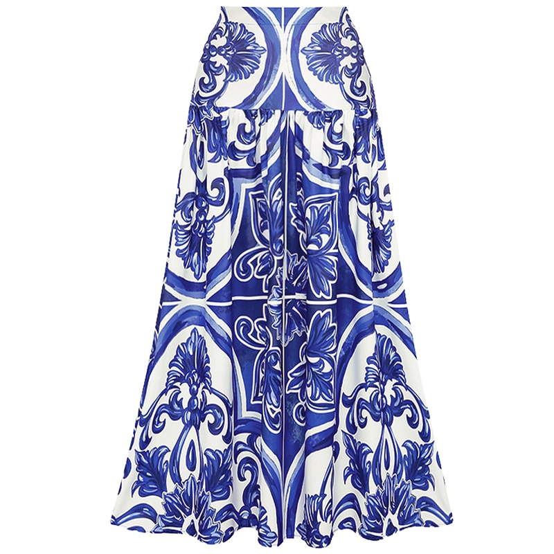 Sling Classic Majolica Series Pattern Print One Piece Swimsuit and Skirt - Blue