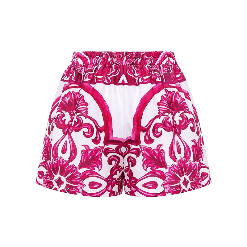 Sling Classic Majolica Series Pattern Print One Piece Swimsuit and Skirt - Pink