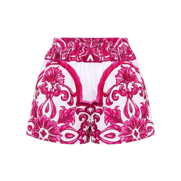 Sling Classic Majolica Series Pattern Print One Piece Swimsuit and Skirt - Pink