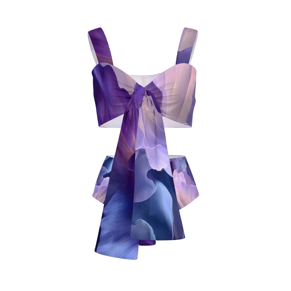 Abstract Brushstroke Print Bow Tie Crop Top Bikini with Matching Tiered Maxi Skirt