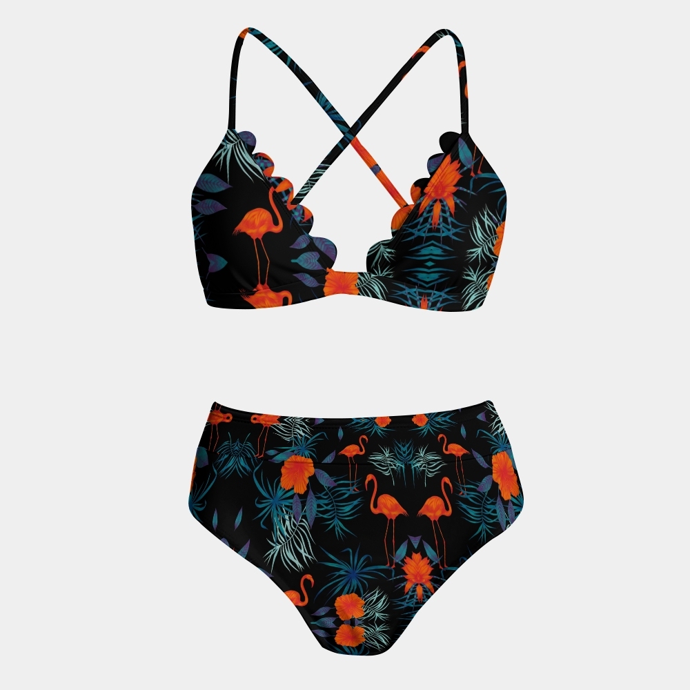 Women's Flamingos Pattern Scalloped Bikini Top High Waist Bottom with Skirt