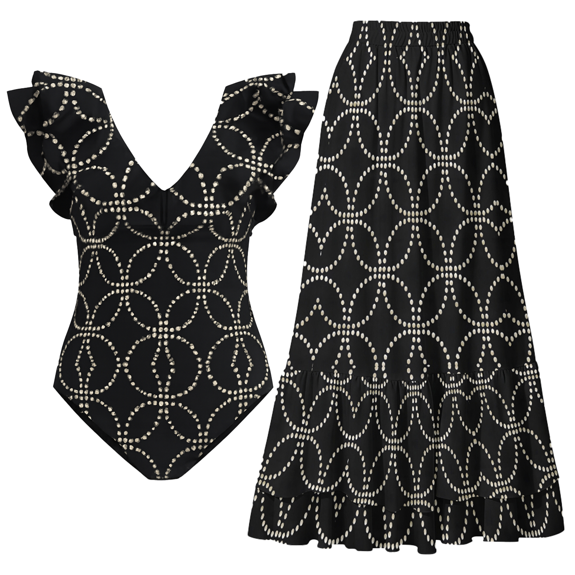 Women's Black Ruffle Trim Cut-Out Floral Print One-Piece Swimsuit and Midi Skirt Set
