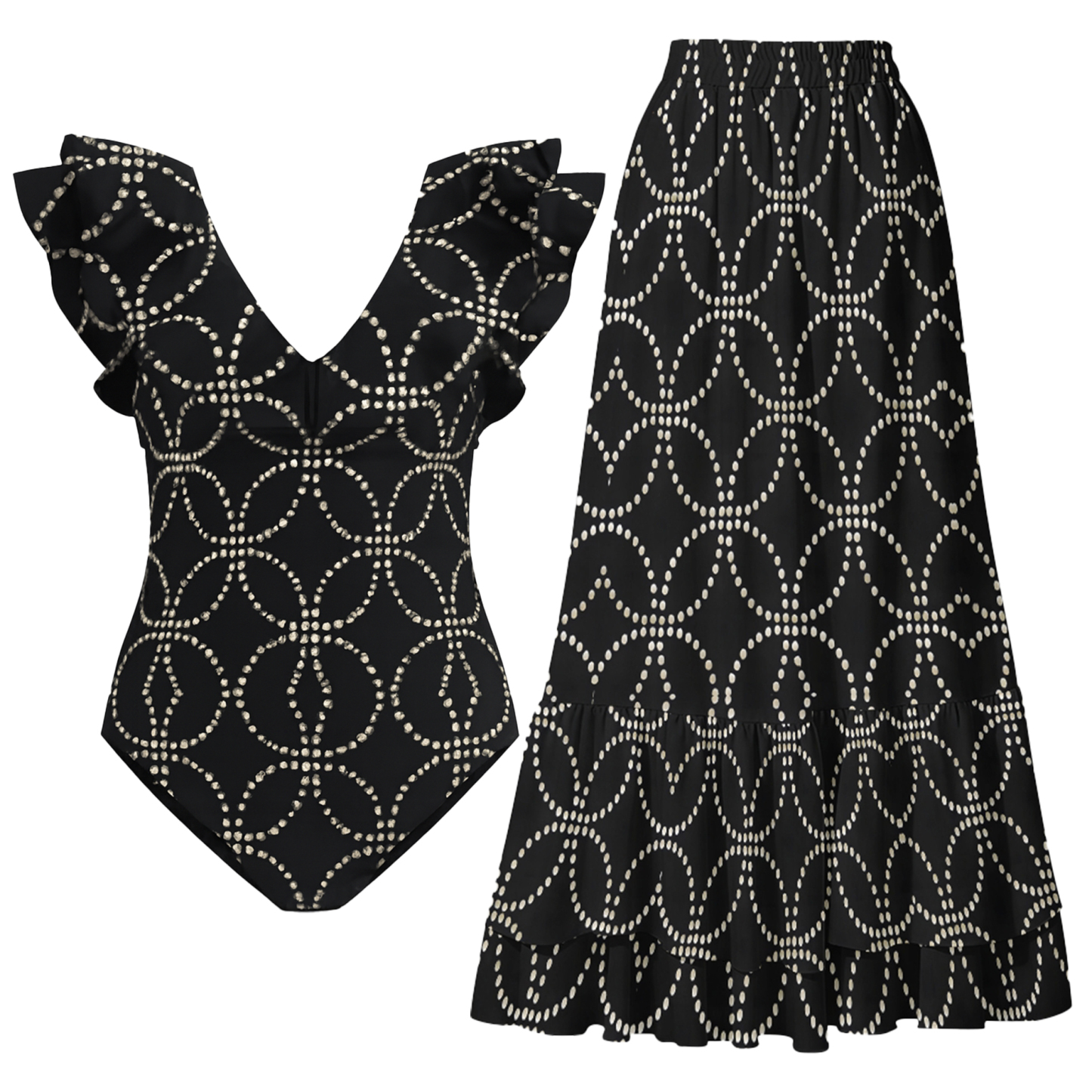 Women's Black Ruffle Trim Cut-Out Floral Print One-Piece Swimsuit and Midi Skirt Set