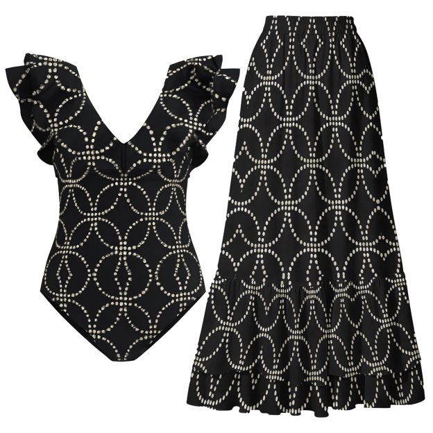 Women's Black Ruffle Trim Cut-Out Floral Print One-Piece Swimsuit and Midi Skirt Set