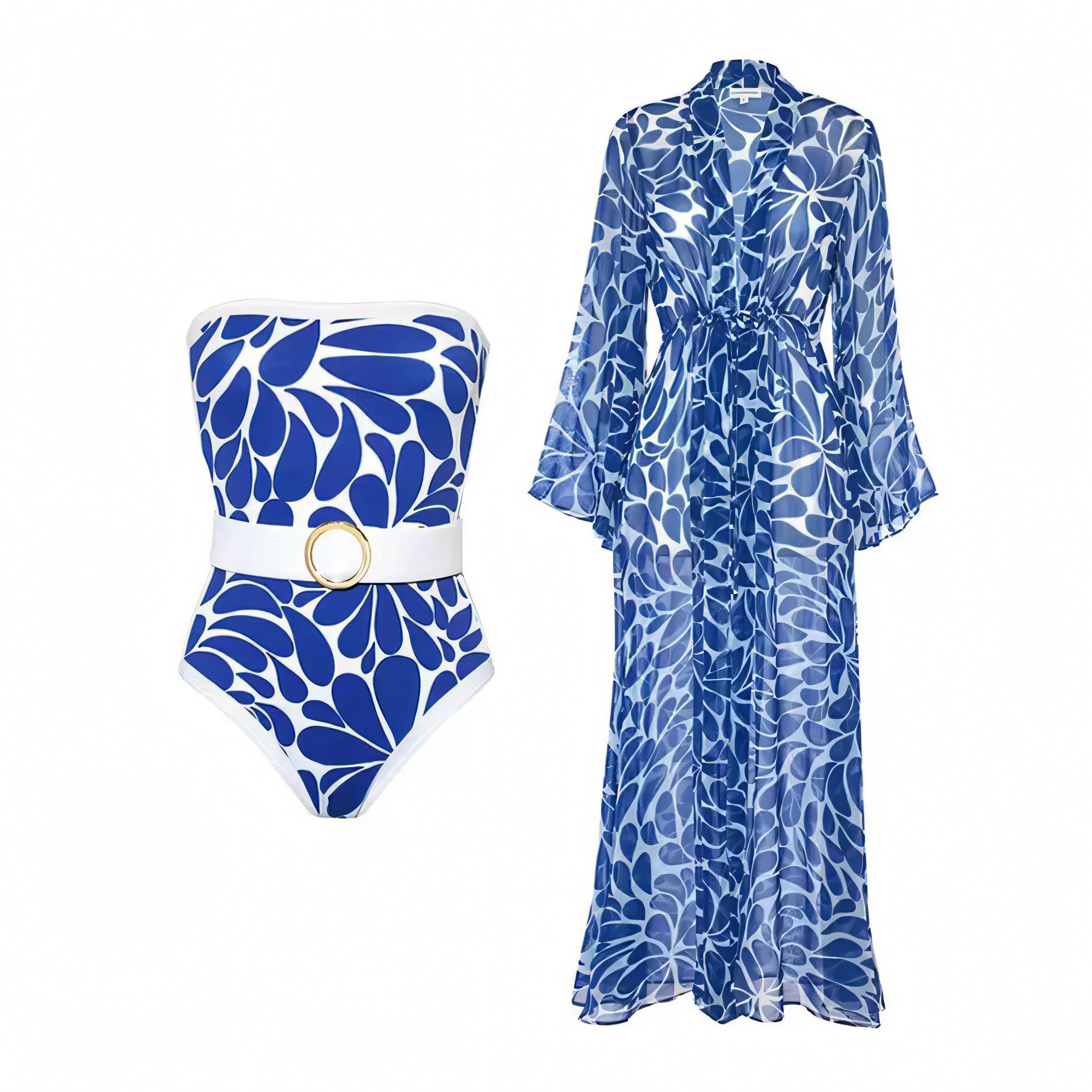 French Vintage Fashion Print One-Piece Swimsuit with Long-Sleeve Cover-Up Set
