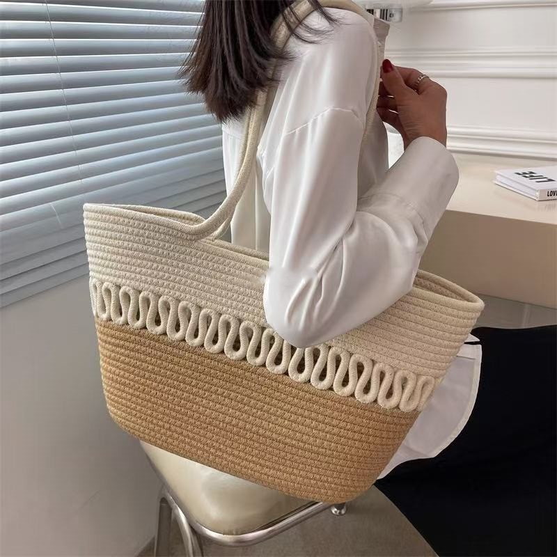 Single-Shoulder Handwoven Cotton Rope Openwork Tote Bag with Large Capacity for Beach Use