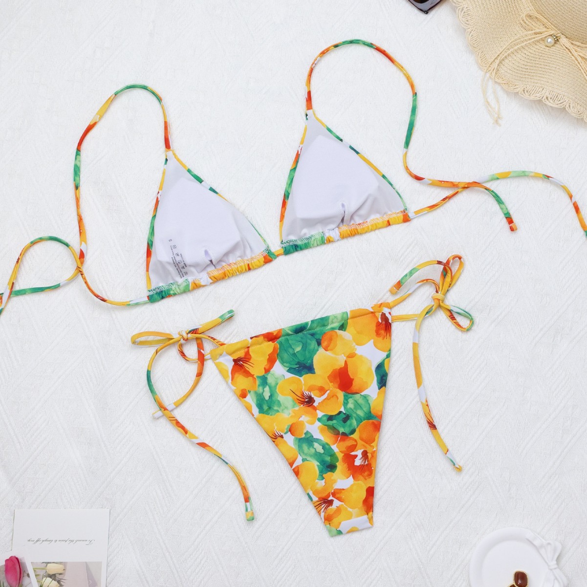 Floral Triangle Bikini Set Adjustable Neck Tie Side Tie Bottom