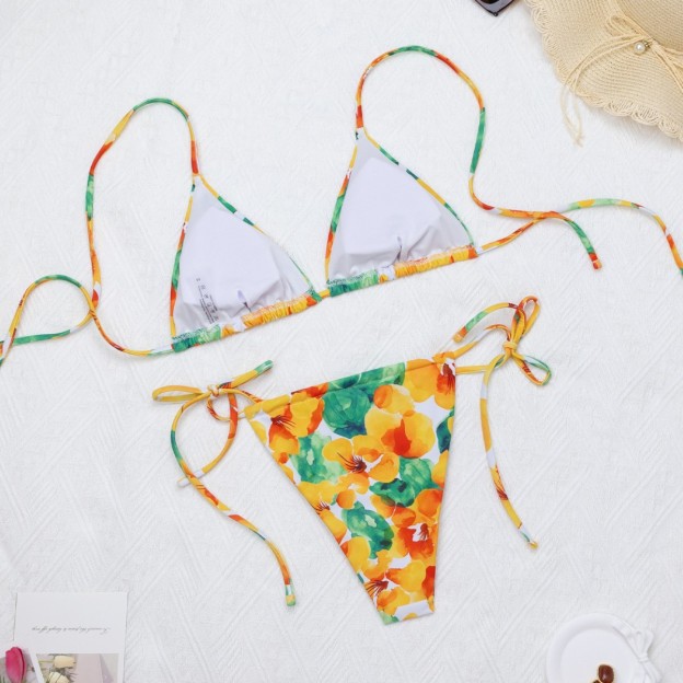 Floral Triangle Bikini Set Adjustable Neck Tie Side Tie Bottom