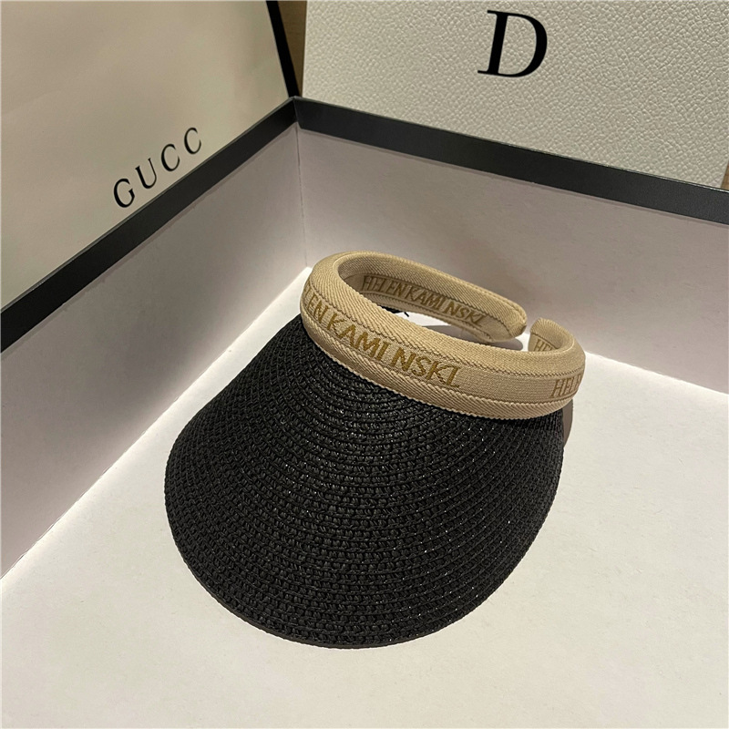 Straw Sun Visor With Wide Brim Open Top and Embroidered Band Suitable for Casual Summer Looks