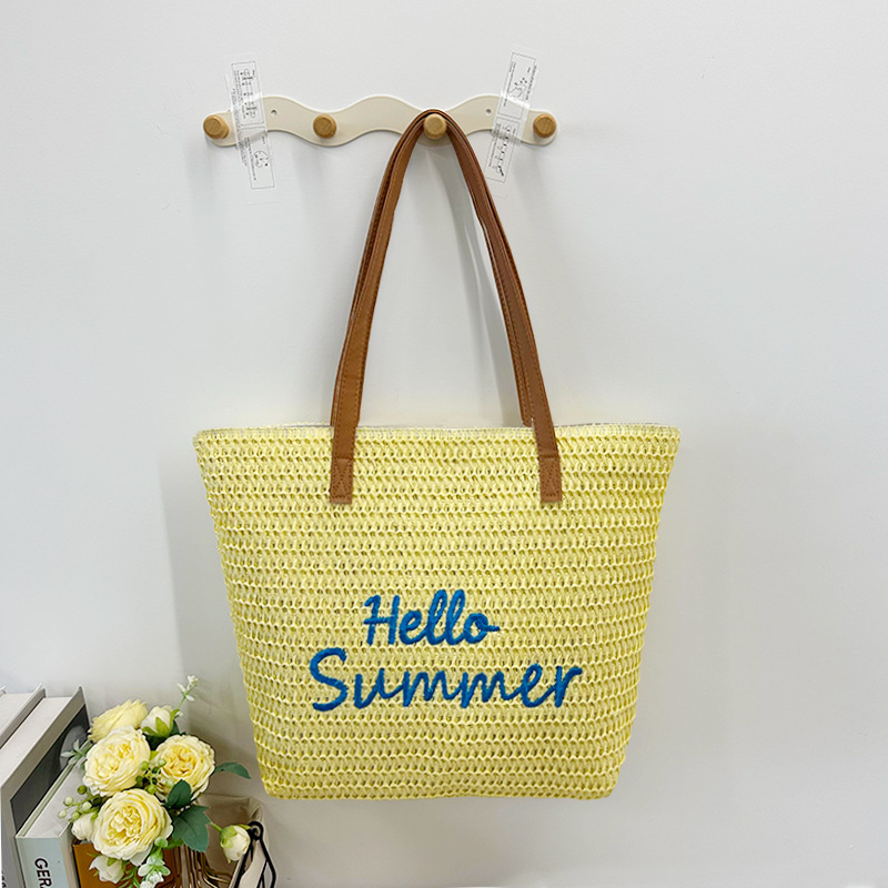 New PP Woven Letter Embroidered Tote Bag - Versatile Beach Vacation Shoulder Bag