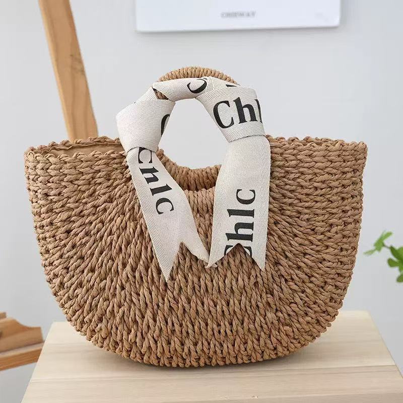 French-Style Woven Round Bean Tote Bag for Beach Vacations
