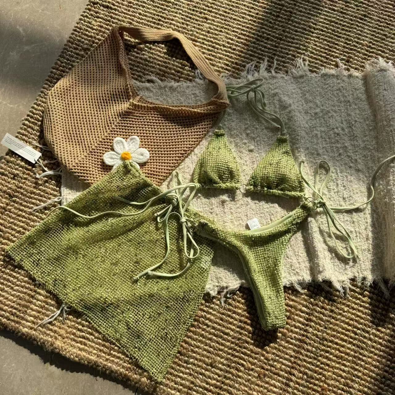 Sexy Halter Crochet Mesh Three Piece Bikini Swimsuit Featuring Matching Sequin Mesh Skirt