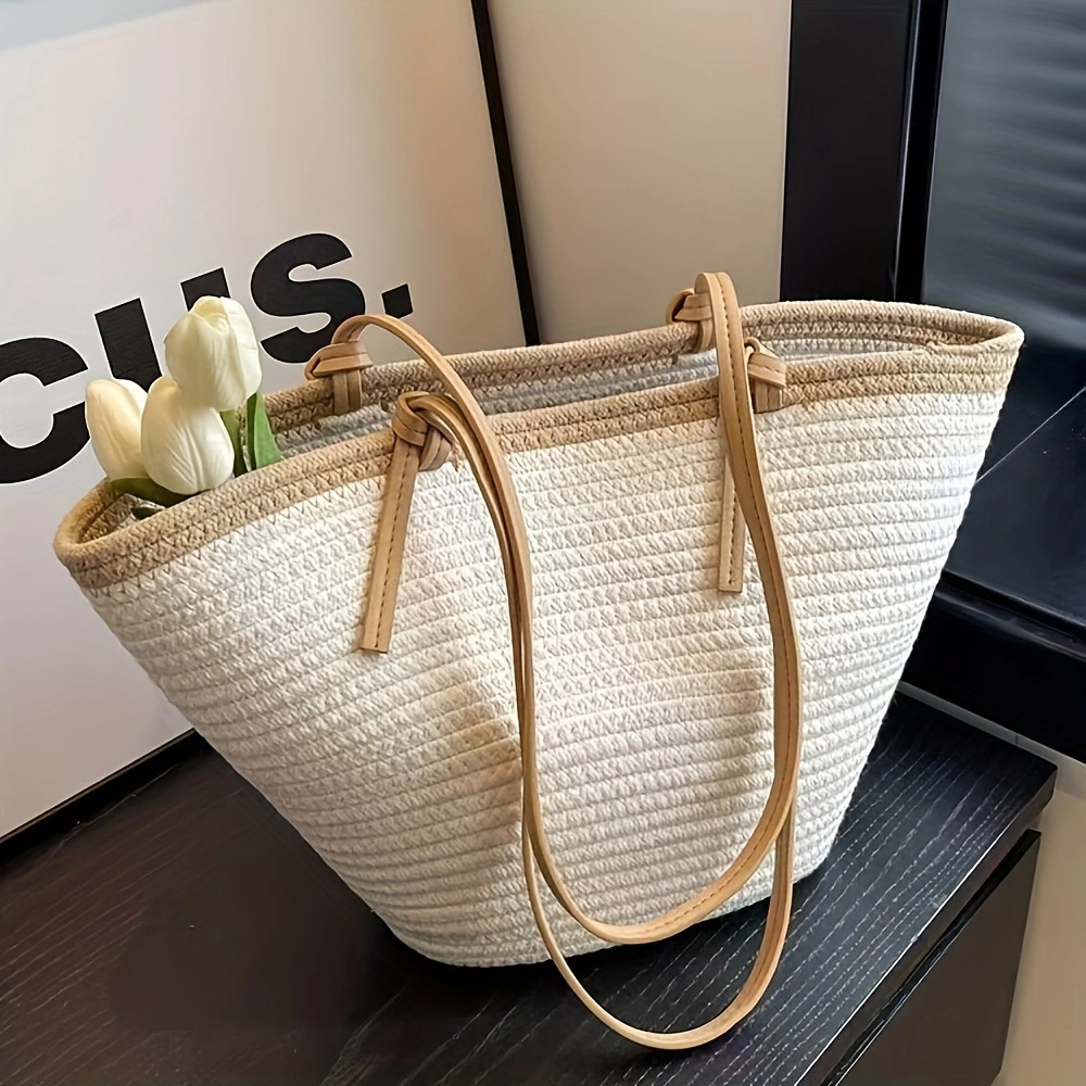 Versatile Straw-Woven Cotton Rope Tote Bag Large Capacity Vacation-Style Beach Bag