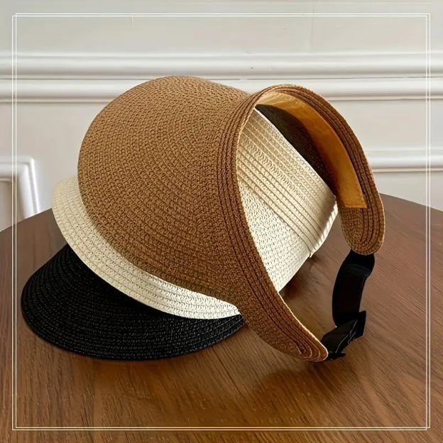 Straw Sun Visor With Wide Brim Open Top and Adjustable Strap Suitable for Summer Styling
