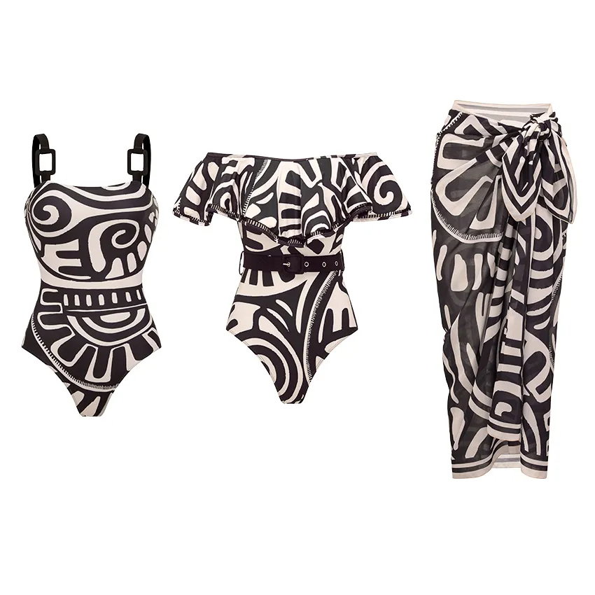 Adjustable Shoulder Straps Black Tribal Print Swimsuit Set