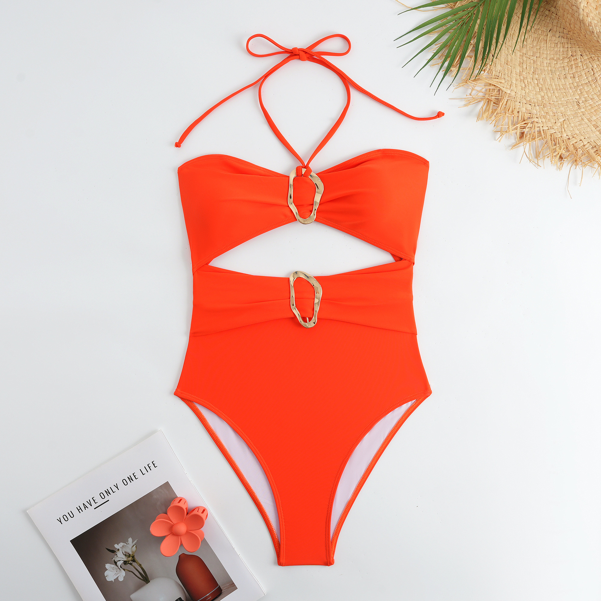 Women's High-Waisted Bandeau Halter One-Piece Swimsuit with Cut-Outs and Print