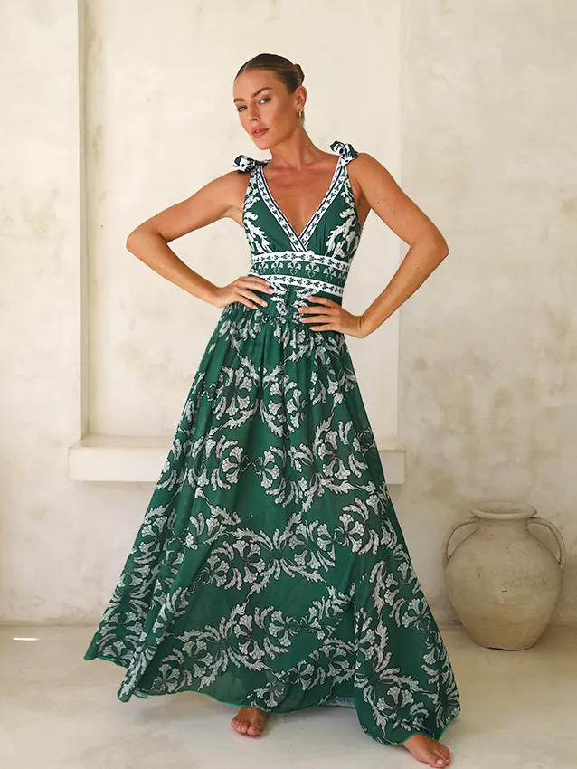 V Neck Lace Up Printed Swimsuit and Skirt